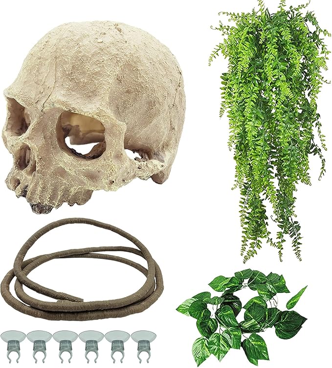Tfwadmx Reptiles Skull Hide Decorations Bearded Dragon Tank Accessories Terrarium Ornament Gecko Hideouts Cave Snake Habitat Jungle Climber Bendable Vines Leaves for Lizards,Chameleon,Spider (4 Pcs)