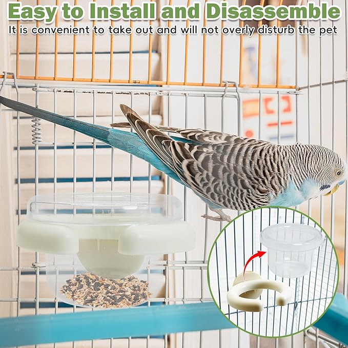 PINVNBY 4 PCS Birds Cage Feeders with Clamp, Easy to Install Feeding Dish Cups Small-Sized Bird Bowls Transparency Parakeet Feeder for Finches Lovebirds and Long-Tailed Parrots （White）