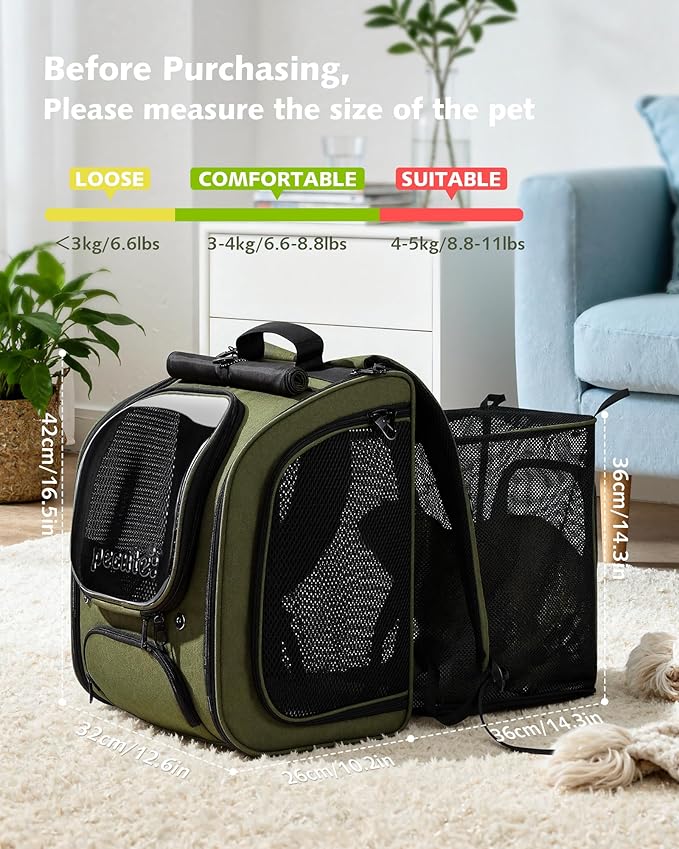 Pecute Cat Backpack Carrier Expandable, Large Space Cat Bubble Backpack, Breathable Cat Carrier, Shaded Dog Backpack Carrier for Travel, Hiking, Suitable for Shopping, and Vet, Green
