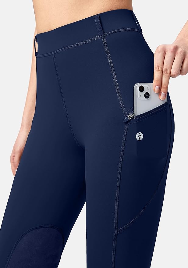 SANTINY Women's Horse Riding Pants with Zipper Pockets Knee-Patch Schooling Tights Equestrian Breeches for Women