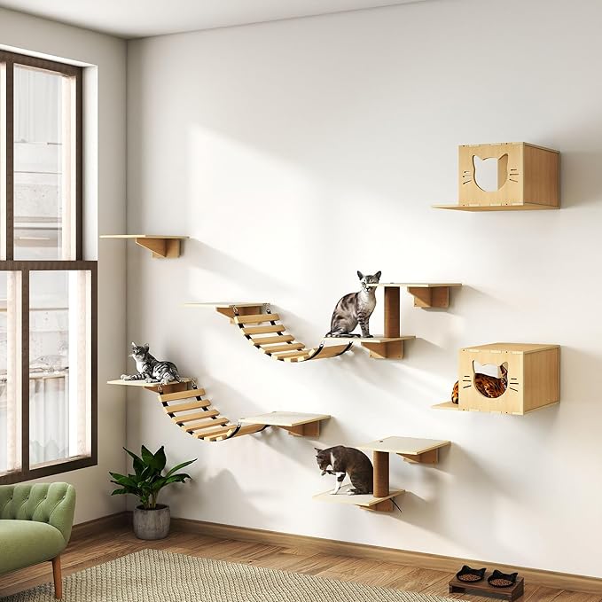 Cat Wall Shelves, Wood 8-in-1 Cat Wall Furniture Set, Large Cat Shelves for Wall with Scratching Post, Cat Climbing Wall Activity Center for Climb, Play, Rest, and Scratch, Natural Wood