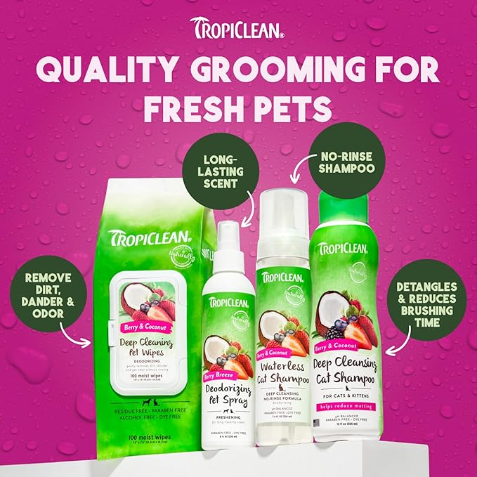TropiClean Dog Perfume, Long Lasting Berry Cologne, Deodorizing Spray for Smelly Dogs, After Bath Detangling Spray with Vitamin E, Safe for Cats, 8oz.