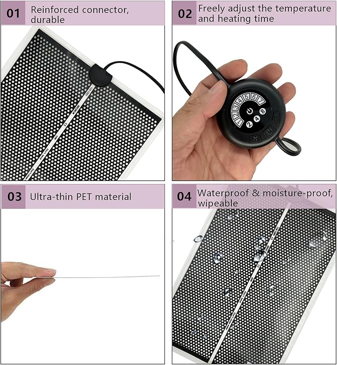 Reptile Heat Pad with 7 Button Temperature Adjustment, Under Tank Terrarium Heat Mat for Reptiles Tortoise Snakes Lizard Gecko Frog Hermit Crab and Other Small Animal, 20W Reptile Heating Pads