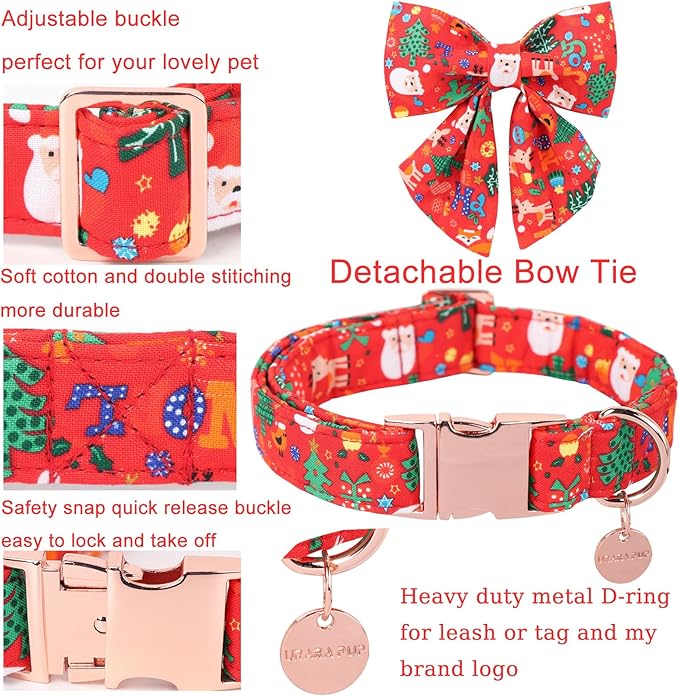 Christmas Dog Collar with Bow Tie, Christmas Collar for Puppy Girl Boy Dog or Cat, Bowtie Dogs Collars with Durable Metal Buckle, Cute Pet Collars, M