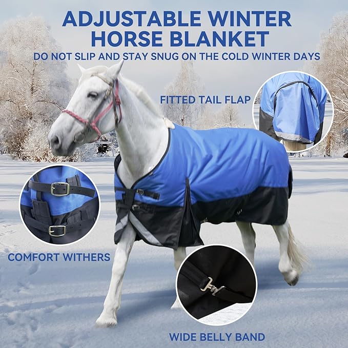 69” Winter Horse Blanket, 1200D Waterproof Poly Horse Turnout Blanket, Durable Tear-Resistant Thick Horse Blanket with Snuggit 220G Filling, Breathable Warmth Turnout Blankets for Horse