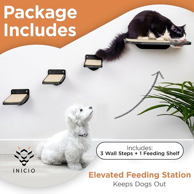 INICIO Cat Shelves – Dog Proof Feeding Station with Wall Mounted Shelves, 3 Steps for wall with Floating Shelf for Cats Up to 15lbs, Includes Cat Food Bowls for Convenient Feeding – Black