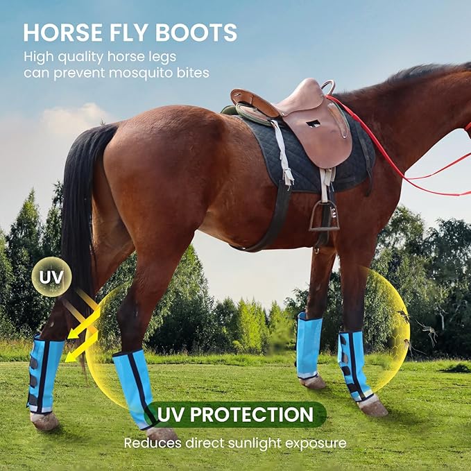 Fly Boots for Horses Set of 4 Leg Wraps Protection, Mesh Horse Fly Leggings Breathable Tendon Boots for Reduces Stomping & Leg Fatigue Sky Blue Large