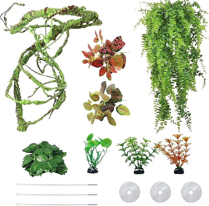 kathson 8 PCS Reptile Vines Plants Flexible Bendable Jungle Climbing Vine Terrarium Plastic Plant Leaves Pet Tank Habitat Decor for Bearded Dragons Lizards Geckos Snakes Frogs and More Reptiles