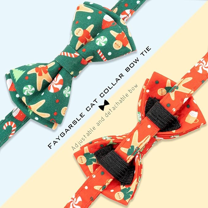 Faygarsle 2 Pack Christmas Cat Collar Set, Red and Green Gingerbread Pattern, with Bells and Bows, Breakaway Safety Feature