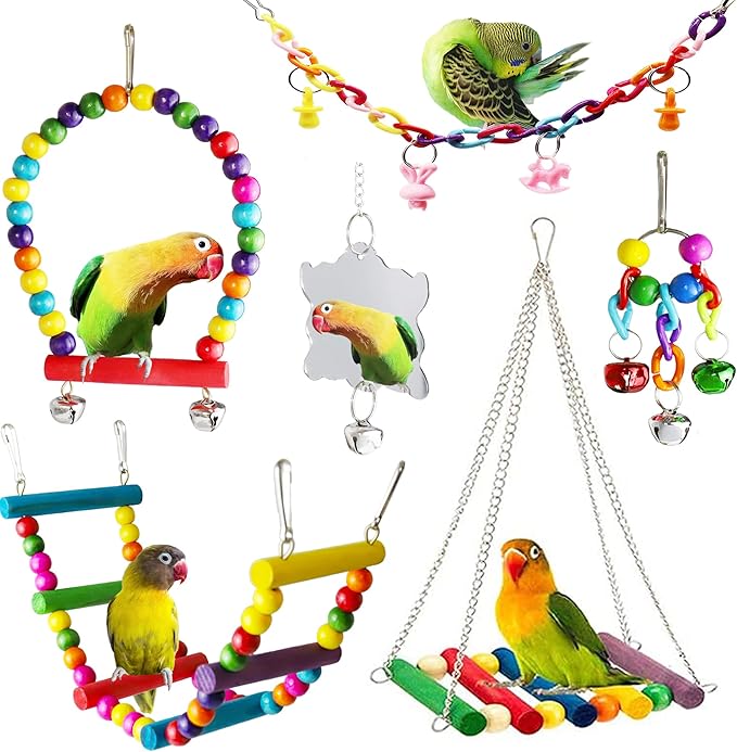 Bird Parakeet Cockatiel Toys, ESRISE Birds Cage Accessories Swing Climbing Ladders Wooden Perch Toy for Conures Finche Budgies Lovebird Parrot