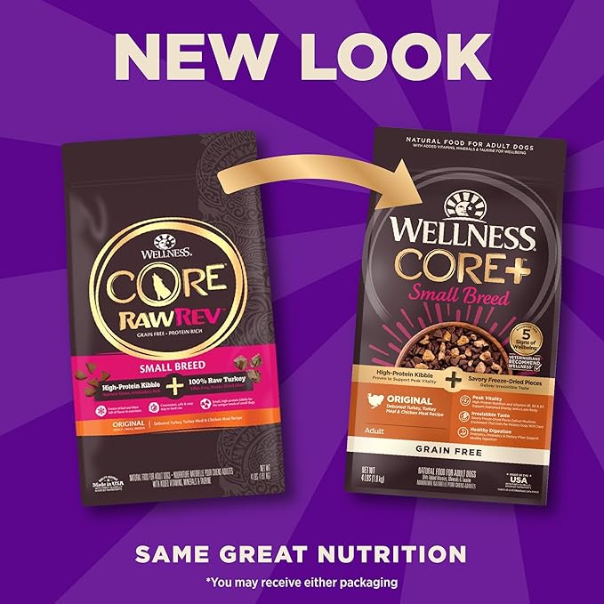 Wellness CORE+ (Formerly RawRev) Natural Grain Free Small Breed Dry Dog Food, Original Turkey & Chicken with Freeze Dried Turkey, 4-Pound Bag