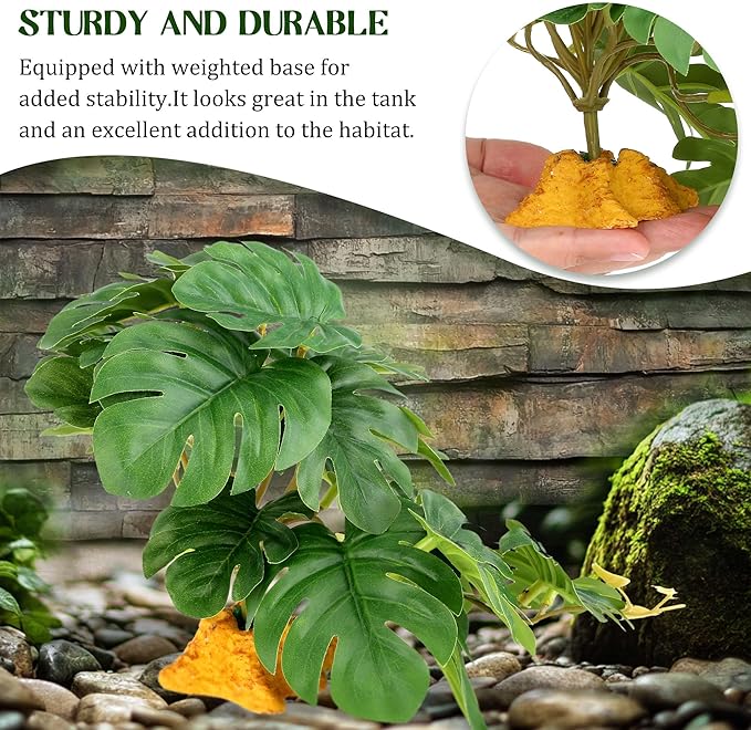 2Pcs Reptile Plants for Terrarium, Amphibian Habitat Decor Plant, Snake Tank Accessories, Artificial Plants for Gecko Lizard Chameleon Tortoise with Base - Fake Monstera
