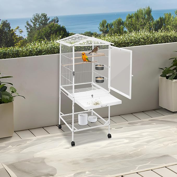 53.5 Inch Iron Bird Cage, Large Bird Aviary with Wheels for Parakeets, White Bird House with Detachable Stand and Pull-Out Tray for Cockatiels, Parrots, Lovebirds, Canaries