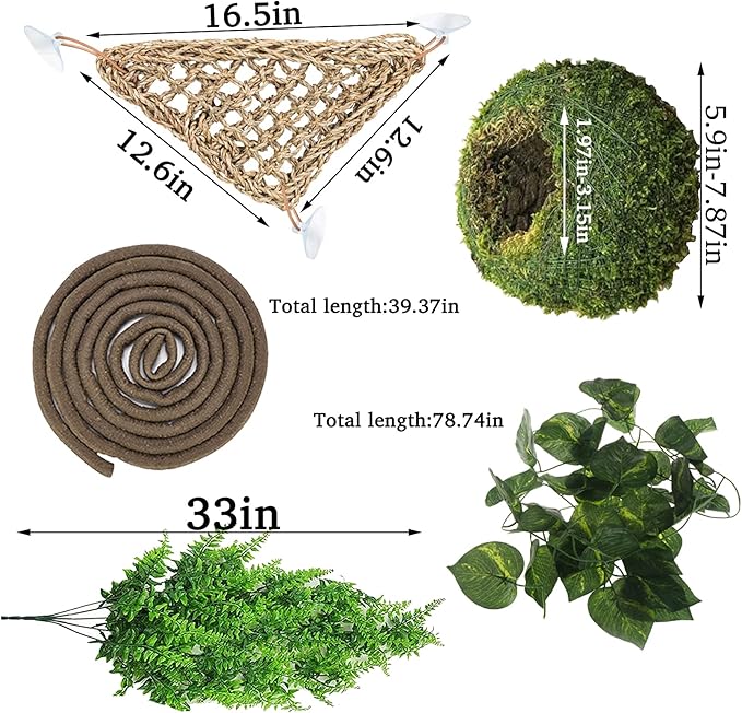 Hamiledyi Reptile Moss Cave Hide,Crested Gecko Habitat Hammock Green Moss Accessories Plastic Terrarium Plant Vines for Small Bearded-Dragon,Snakes,Chameleon Climbing Hibernation Sleeping