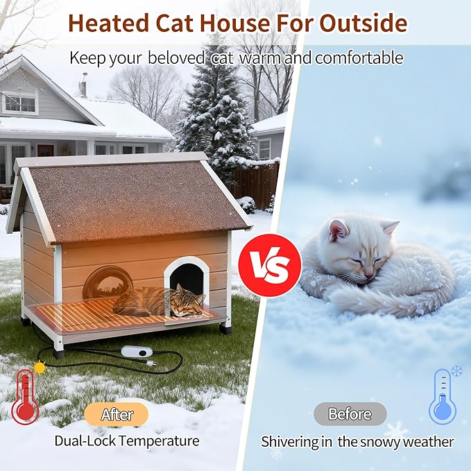 Rockever Heated Outdoor Cat House, 100% Weatherproof Heated Cat House for Outside Cats Winter with Heating Pad, Safe Escape Door and Clear Windows for 2 Cat