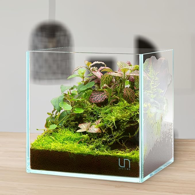 Ultum Nature Systems Ultra Clear Rimless Aquarium - Low Iron Glass Fish Tank with 45° Mitered Edges, 5mm-12mm Thick, Leveling Mat Included (25C, Cube, 4 Gallon)