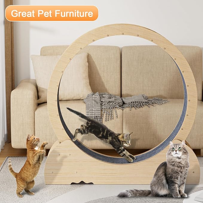 Cat Wheel, 46 Inch Cat Exercise Wheel for Indoor Cats, Silent Wooden Cats Treadmill with Stable Base and Anti-Scratch Liner