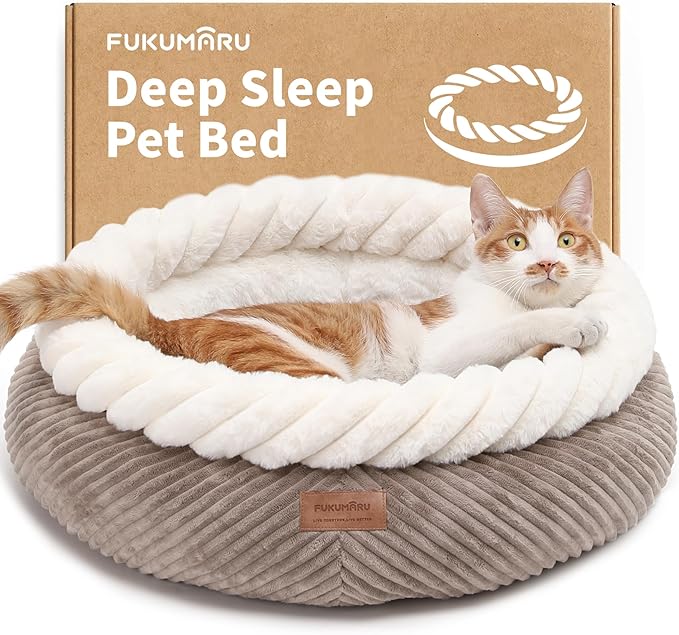 FUKUMARU Cat Bed, Calming Donut Dog Beds, Plush Faux Fur&Corduroy Kitten Beds, Cute Round Washable Pet Bed for Large Cats and Puppy, Cat Cave with Anti-Slip Bottom, 21inch, Camel