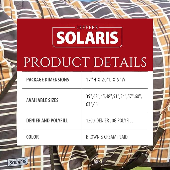 Jeffers Pony Poppins Solaris 1200 Denier Turnout Blanket Brown & Cream Plaid 66" - Waterproof, Breathable Horse Blanket with 0 gram Polyfill, No Insulation, Ideal Protection for Wind & Rain,