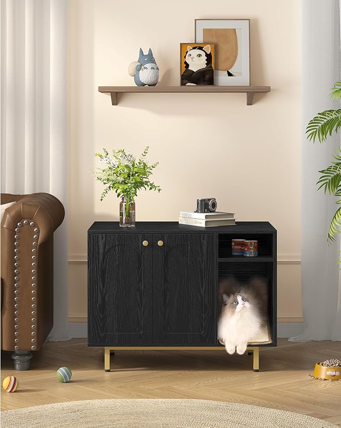 Cat Litter Box Enclosure Enclosed, Hidden Litter Box Cabinet Furniture with Storage, Wooden Indoor Cat House Large, Modern End Table for Living Room Entryway, Black and Gold CB01504G