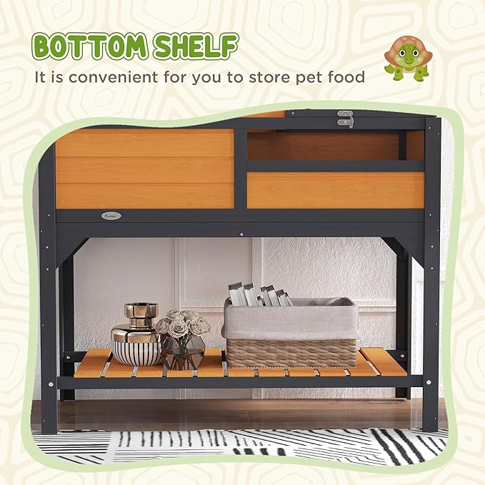 PawHut Tortoise Habitat with Adjustable Lamp Holder, 2 Layer Tortoise Enclosure with Storage Shelf, Removable Main House, Fixed Tray, Openable Lid, Yellow
