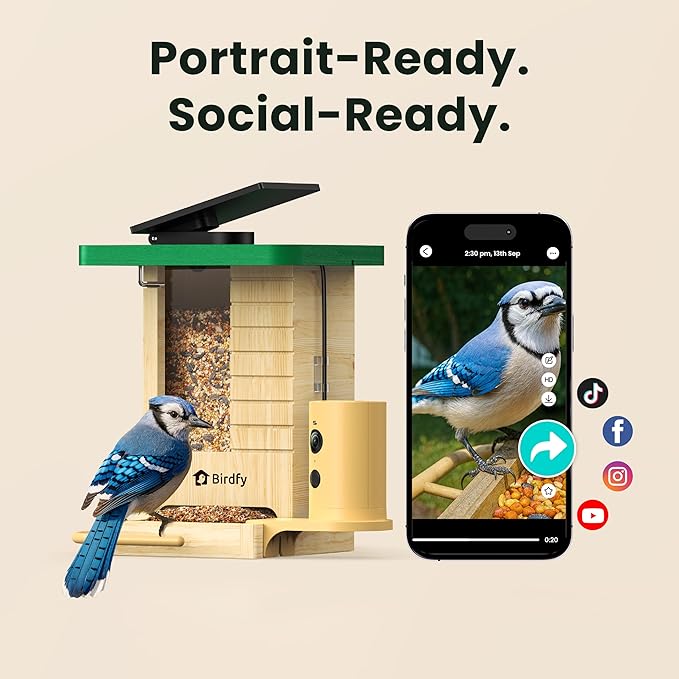 Birdfy Smart Bird Feeder with Camera Solar Powered, Night Insight & Slow-Motion Video for Outdoors & Backyard Birds Watching, AI Identify 6000+ Species by Subscription, Wood