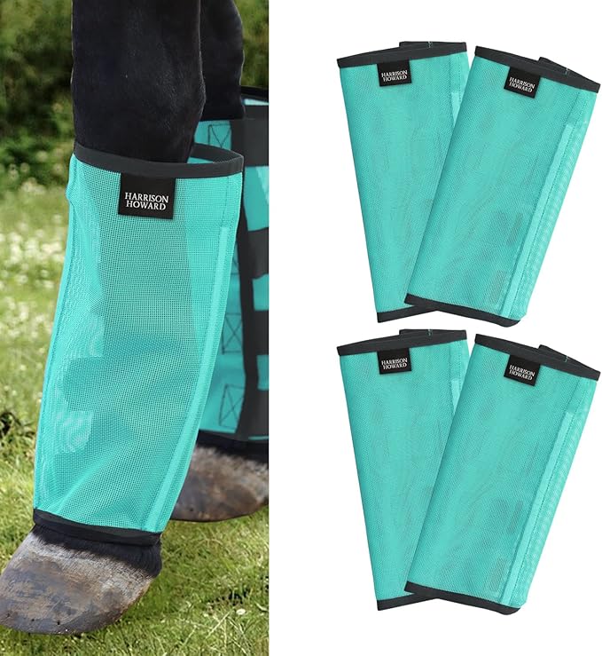 Harrison Howard Loose Fitting Fly Boots UV-Protective Extra Tough Mesh Ventilated Four Fasteners Stay-on Design Protect Horse Legs & Stomp-Reducing Set of 4 Mint Mini