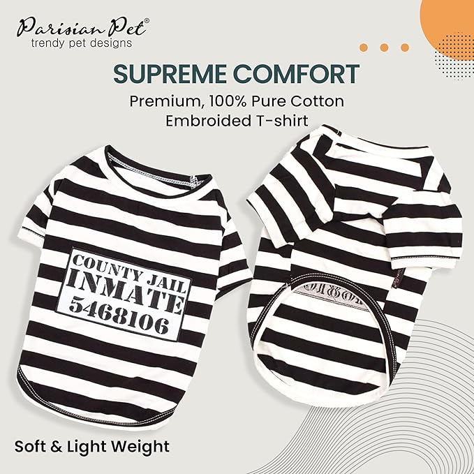 Parisian Pet Dog Shirt - Prisoner Dog Costume - 100% Cotton Black and White Strips Dog Clothes - Lightweight Polyester Dog Shirts - Sleeved Dog Costume for Medium Dogs - Pet Costumes - L