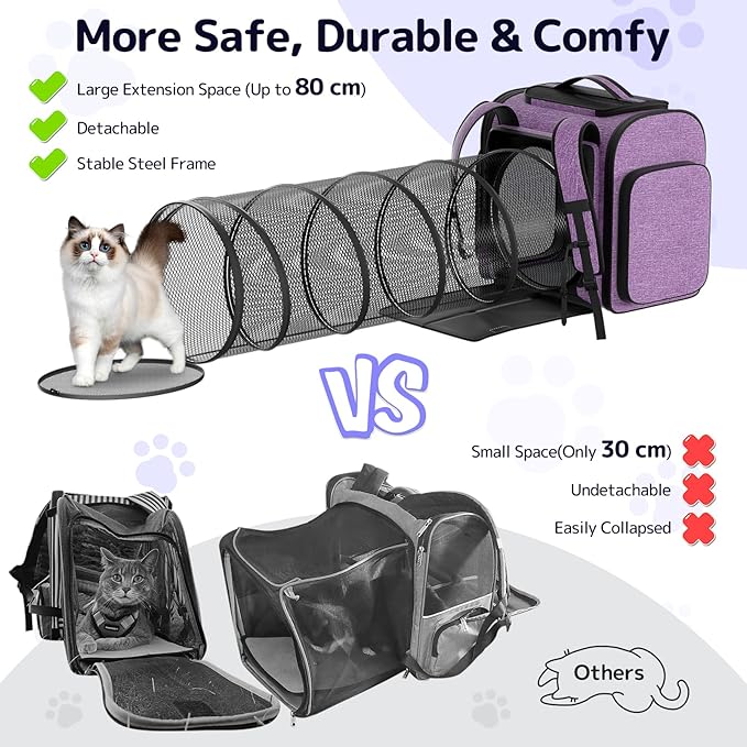 Pawtners Cat Backpack Carrier with Play Tunnel, Large Dog Backpack with Breathable Mesh, Expandable Pet Carrier Backpack for Small Medium Kitten Puppy Up to 18 Lbs, Suitable for Travel Hiking Camping