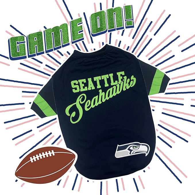 Pets First NFL Seattle Seahawks T-Shirt for Dogs & Cats, Small. Football Dog Shirt for NFL Team. New & Updated Fashionable Stripe Design, Durable & Cute Sports PET TEE Outfit (SEA-4146-SM)