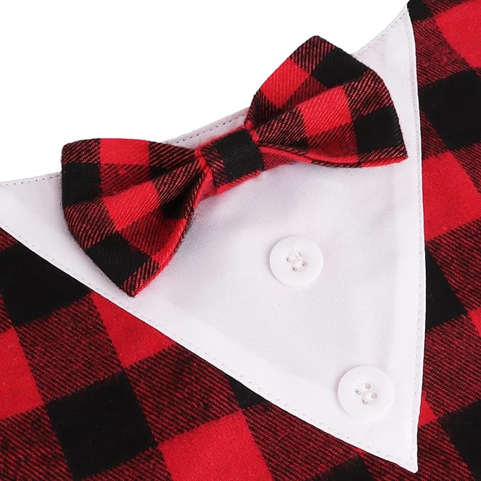 ADOGGYGO Christmas Dog Tuxedo Bandana, Red Plaid Xmas Pet Bowtie Collar, Adjustable Christmas Costumes for Extra Large Dogs (XL)