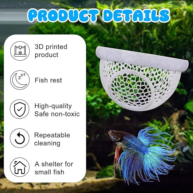 Floating Betta Hide & Shrimp Cave – 3D Printed Aquarium Hammock with Marble Texture, Feeder Ring & Rest Spot for Betta Fish, Nano Tanks, Corydoras, Shrimp – Safe PLA