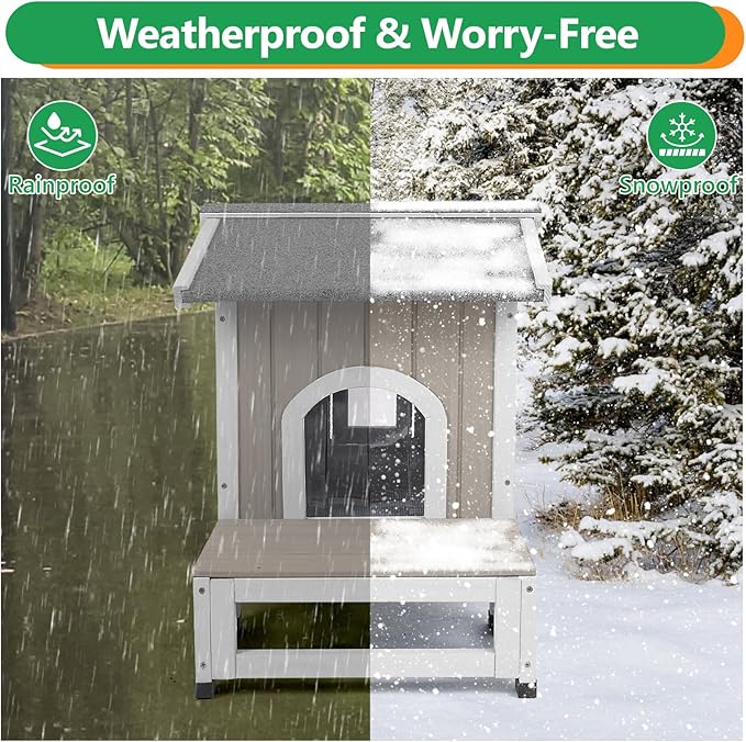 PetsCosset Outdoor Cat House with Insulated Liner for Winter, Insulated Feral Cat Shelter Weatherproof for Outside with Openable Asphalt Roof, Large Balcony, Escape Door