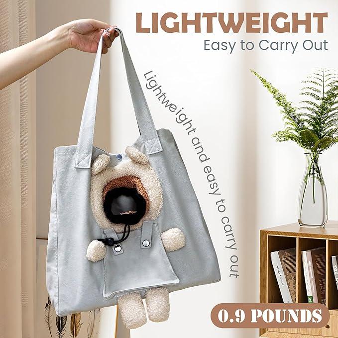 Pet Canvas Shoulder Carrying Bag, Cute Grey Bear Shaped Cat Carrier, M Size Portable Kitten & Puppy Tote, Comfort Carriers for Small Dogs, Cats, and Pets, Handbag for Outdoor, Shopping, and Camping