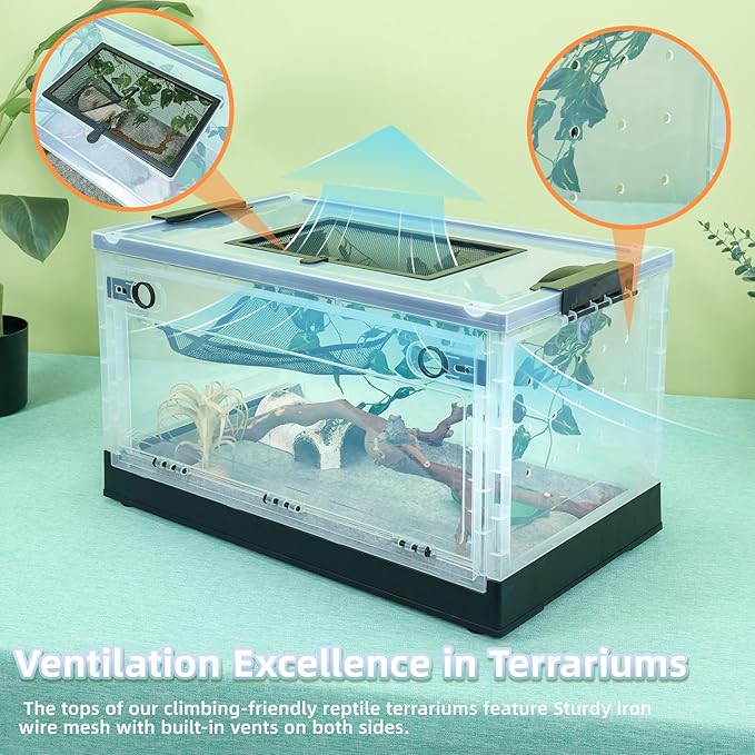 Big Foldable Reptile Terrariums, Snake Tanks, and Enclosures for Bearded Dragons, Iguanas, Lizards, Crested Geckos -Clear Views, High-Temperature Resistant Iron Mesh Ventilation (Black, 22'')