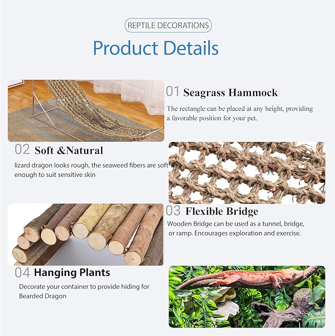 HERCOCCI Bearded Dragon Tank Accessories, Reptile Mat Bridge Hammock Flexible - Jungle Climbing Vines and Leaves with Suction Cups Habitat Décor for Hiding& Climbing Snake Gecko Lizard Chameleon