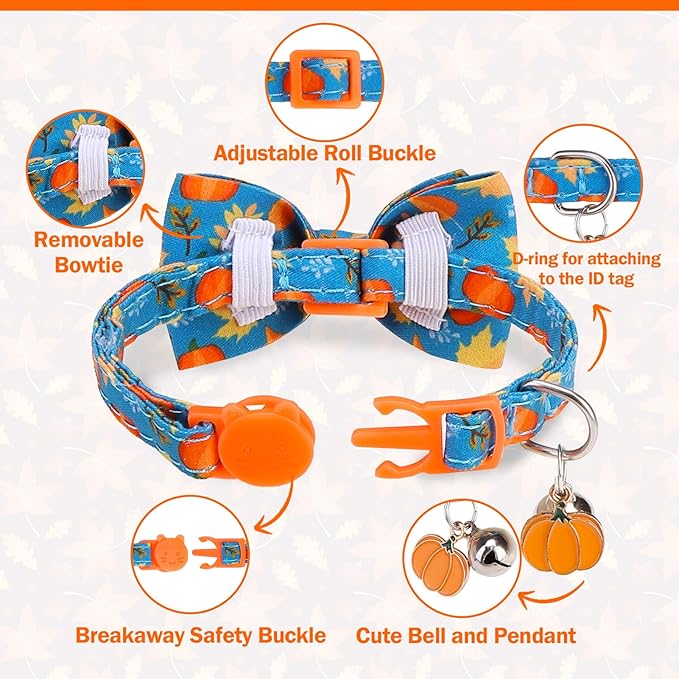 Breakaway Cat Collar Thanksgiving 2 Pack - Fall Pumpkin & Turkey Bow Tie with Bell, Safe Adjustable Kitten Collars for Holiday, Fits Cats and Small Puppies