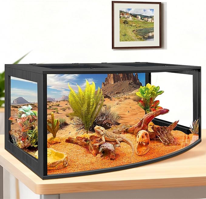 PROLEE Bearded Dragon Tank, Curved Reptile Enclosure with 3-Side Clear Acrylic Panels, Spacious Lizard Tank with Metal Mesh Top and Lockable Door for Reptile Habitat (Black, 32" Length,34 Gallons)
