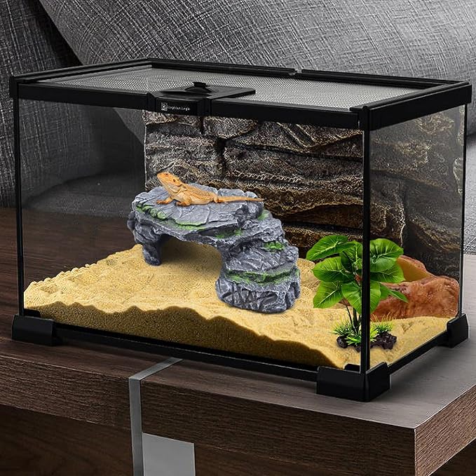 Turtle Basking Platform Kit, Reptile Habitat Hideout, Decorative Resin for Aquarium & Terrarium, Including Artificial Plant and Cleaning Brush. (A-Large-Black)