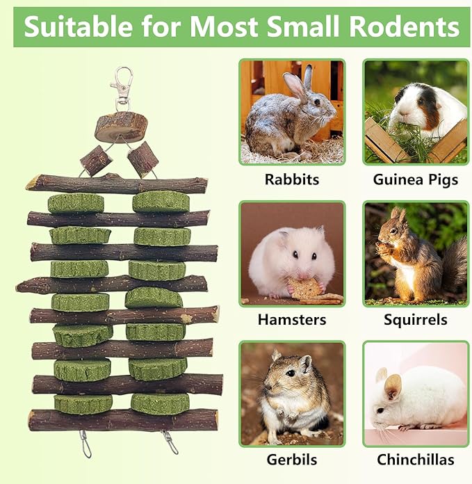 Hamiledyi 2 PCS Rabbit Chew Toys Hanging Bunny Toys for Teeth Grinding Natural Apple Wood Sticks and Timothy Grass Cake Improve Small Animals Dental Health Treats for Guinea Pig Hamster Chinchilla