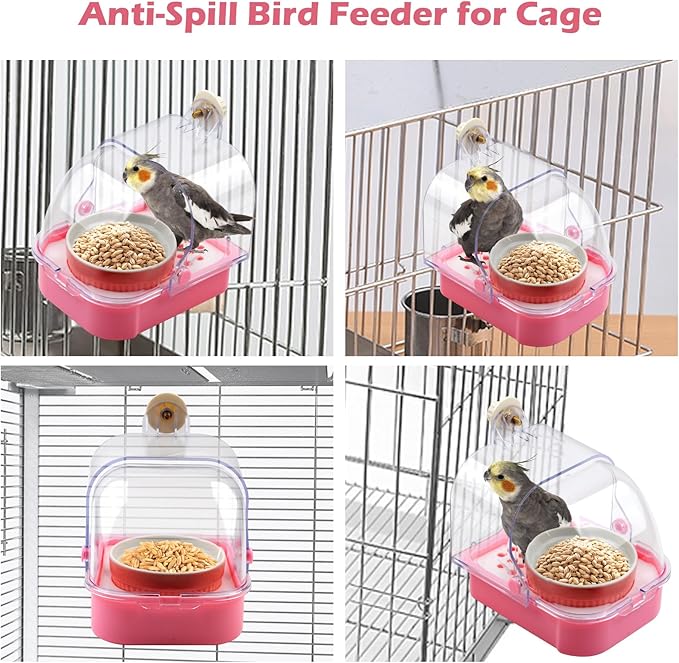 No Mess Bird Cage Feeder,2 in 1 Bird Feeder with Ceramic Bowl Parrot Bathtub with Bottom Drawer Hanging Shower Box for Birds Budgies Parakeet Small Parrot Cockatiels(Pink)
