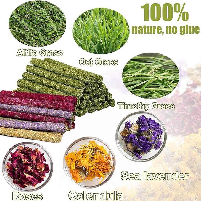 68PCS Rabbit Chew Toys, Natural Timothy Hay Sticks Guinea Pig Chews for Teeth Hamster Molar Treats Snacks Accessories for Bunny, Chinchillas, Rats, Gerbils and Other Small Animals