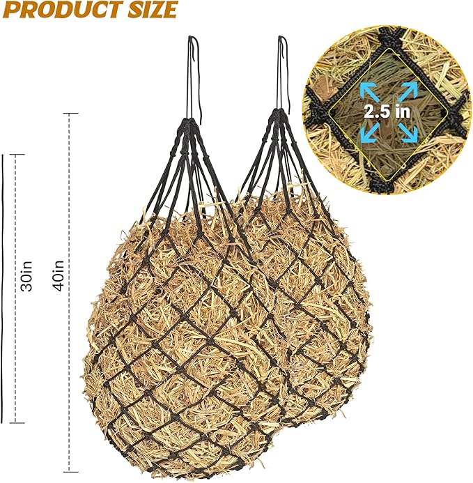 2PCS Hay Nets for Horses,2.36"x2.36" Holes 40”Horse Hay Feeder Net for Slower Feeding,Strong Load-Bearing Hay Bag Hanging for Horse Stable Trailer (Black)