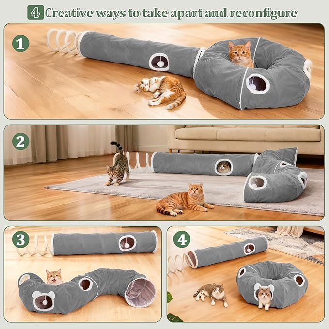 Ownpets 2-in-1 Cat Tunnel, Large Lollipop Shape Cat Tunnel Toy with Fluffy Balls, Spiral Toy, Plush Collapsible Cat Cave Hideout Donut Tunnel for Multi Kitten Puppy Rabbit, Grey