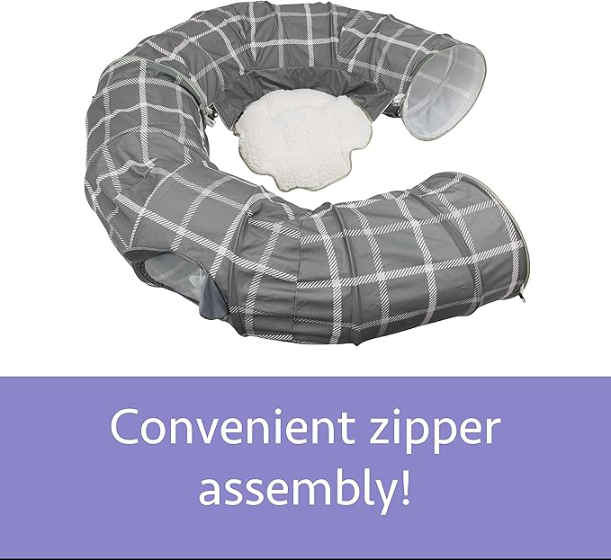 Kitty City Large Cat Tunnel Bed, 2-in-1 Zip-Together Cat Play Tunnel & Plush Nap Bed, Pop-Up Indoor Cat Toy with Hanging Toys, Collapsible Design - Grey