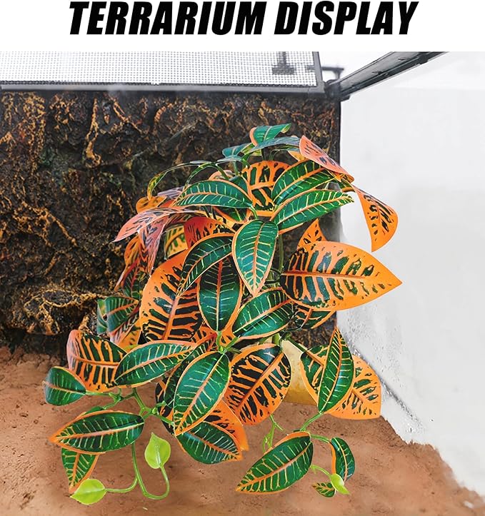 Woyrise Reptile Plants for Terrarium Decor, Ball Python Tank Accessories fit Bearded Dragon Crested Leopard Gecko Lizard Chameleon Snake Frog Tortoise Hermit Crab - Fake Codiaeum Variegatum