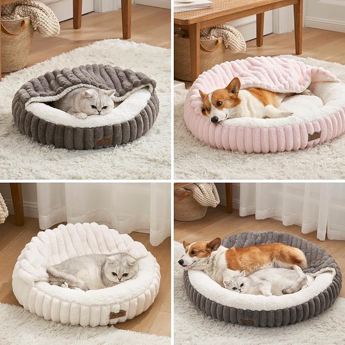 Cat Bed with Hooded Blanket, Round Fluffy Anti-Anxiety Pet Bed for Cats/Toy Breed Dogs, Cozy Donut Cuddler with Machine Washable Faux Fur & Anti-Slip Bottom(20"×20"×6",Pink)
