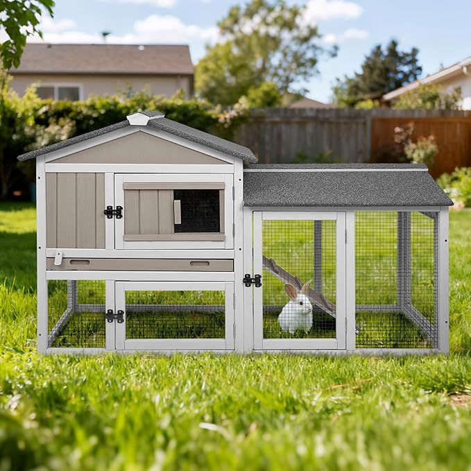 Rabbit Hutch 2-Story Bunny Cage with Chew-Proof Ramp Slide for Indoor Outdoor Guinea Pig Cage with Cleaning Tray & Waterproof Roof for Small Bunny Rabbit Chicken