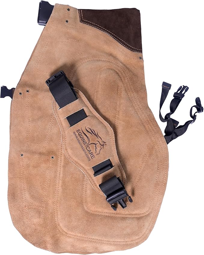 Equine Care Farrier Apron Chaps – Cowhide Suede Leather, Foam Padded Thigh and Back Support, Adjustable Waist, Tool Pockets, Magnetic Nail Holders (27 inches (70 cm))