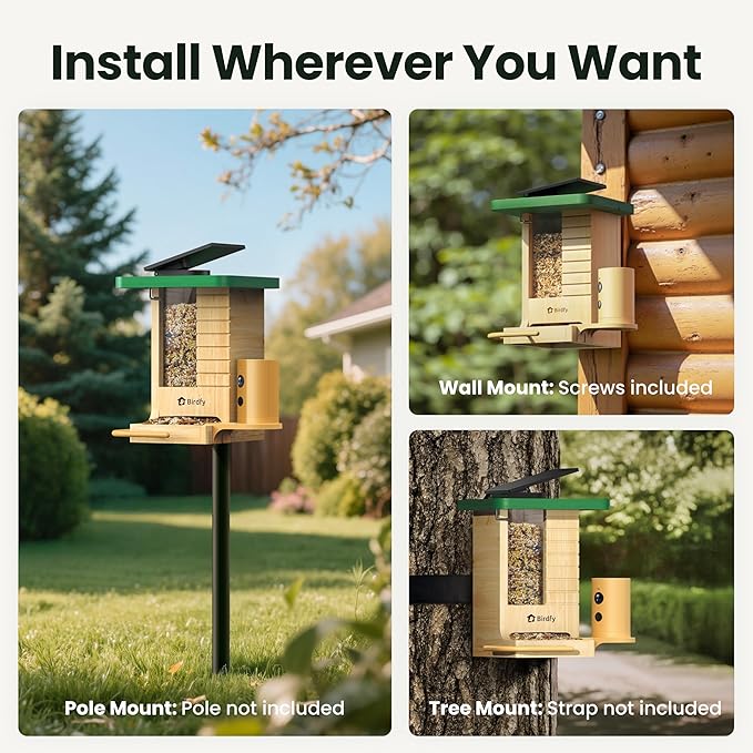 Birdfy Smart Bird Feeder with Camera Solar Powered, Slow-Motion Video & Night Insight, AI Identify 6000+ Species Lifetime Free, Ideal for Outdoors Bird Watching & Gifts for BirdLovers, Wood